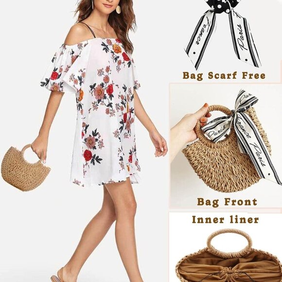 Straw Shoulder Bag Handmade Woven Purse Beach Clutch Crossbody for Women - Picture 5 of 6